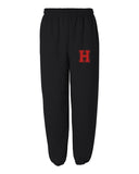 heights black elastic bottom sweat pants w/ heights small varsity h logo on left hip.