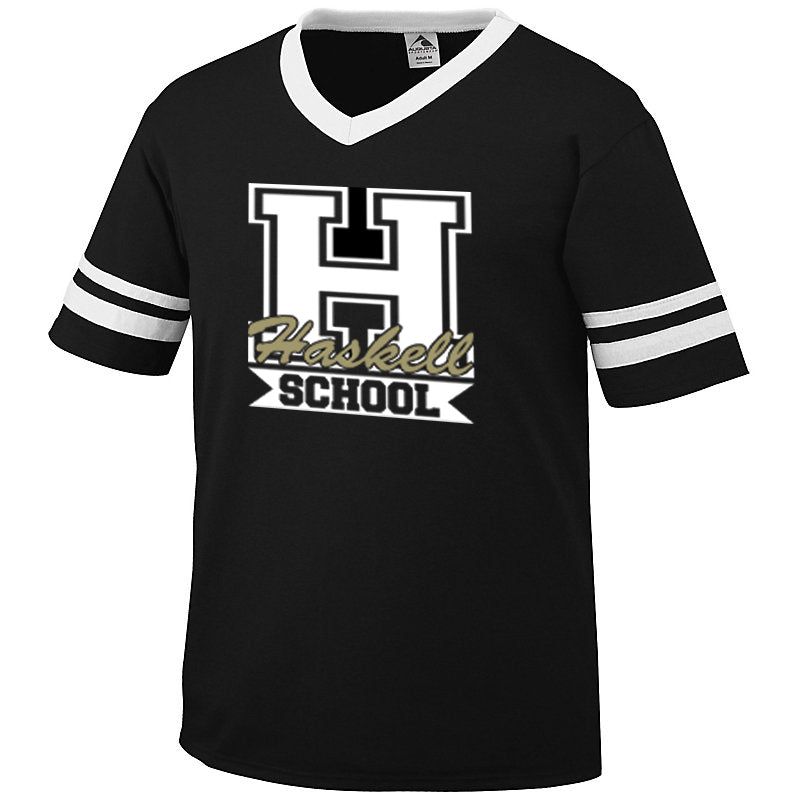 haskell school stripe jersey short sleeve tee w/ haskellschool "h" logo 2 color on front.