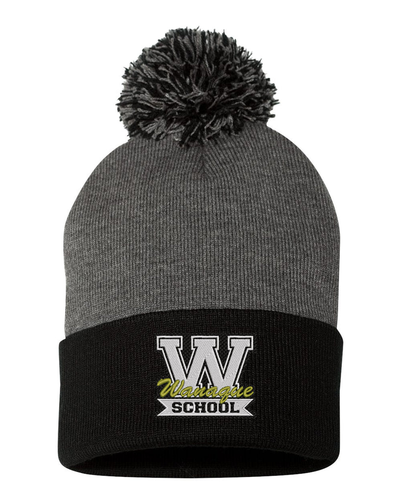 wanaque school sportsman black/dark heather pom-pom 12" knit beanie - sp15 w/ wanaque school "w" logo embroideredon front.