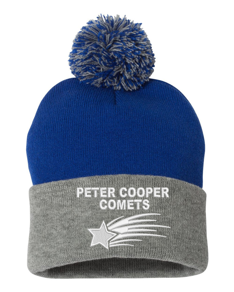 peter cooper sportsman - heather gray & royal 12" pom-pom cuffed beanie - w/ logo embroidered on front.