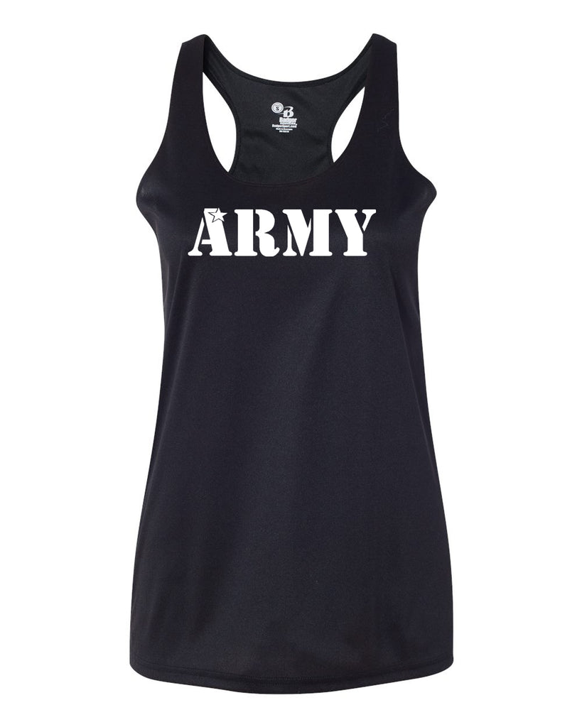 cheer army black b-core racerback tank top - 4166 w/ white army logo on front.