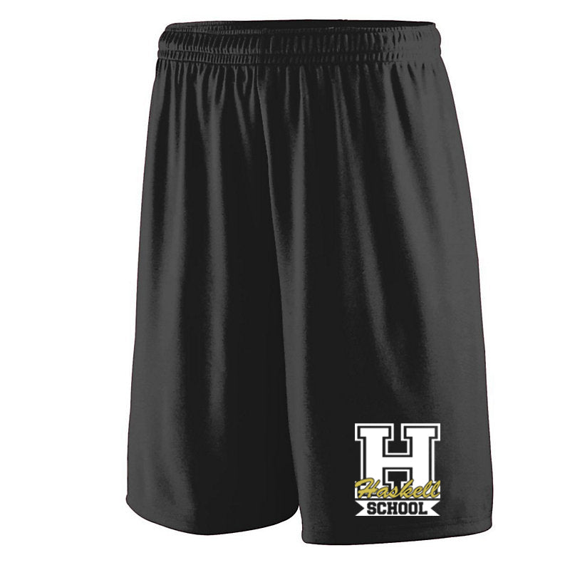 haskell school black training shorts w/ haskell school "h" logo on leg.
