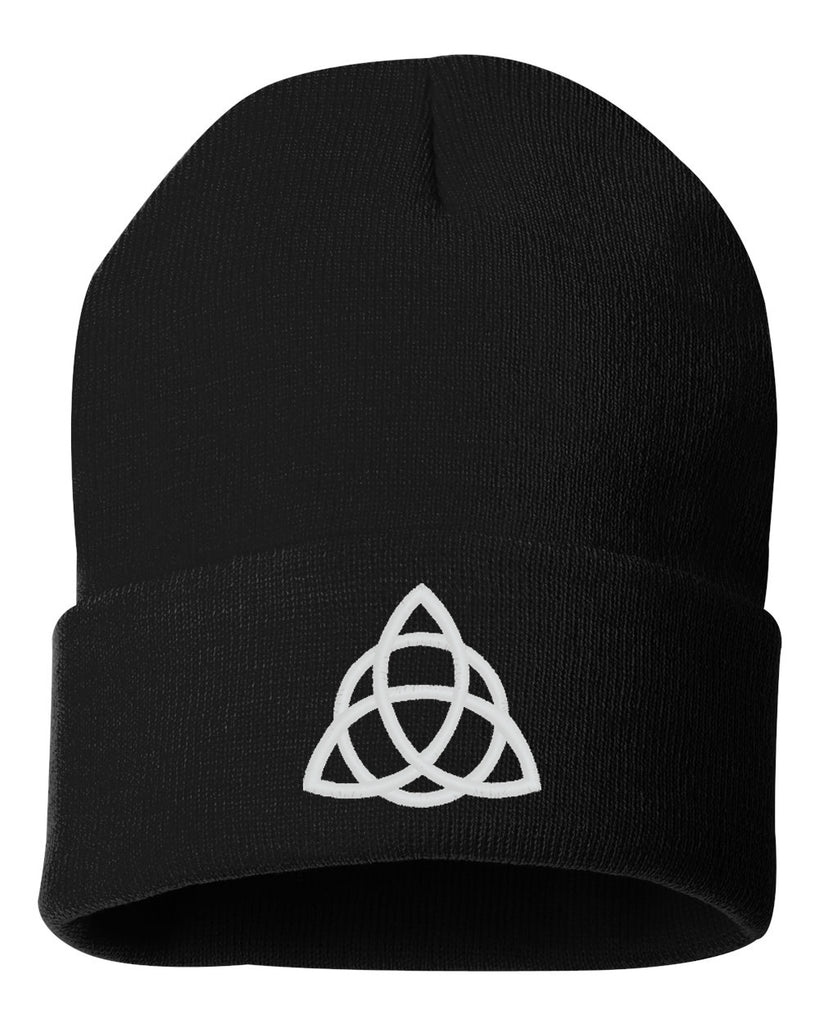 celtic knot black solid 12" cuffed beanie w/ white triquetra design on front