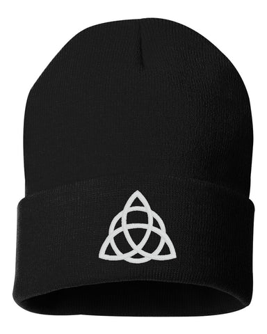 Celtic Knot Black Solid 12" Cuffed Beanie w/ White CELTIC KNOT Name Design on Front