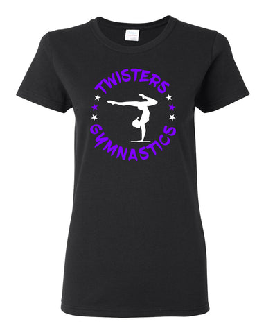 Twisters Gymnastics Black Sports Bra w/ 2 Color Spangle Logo on Front.