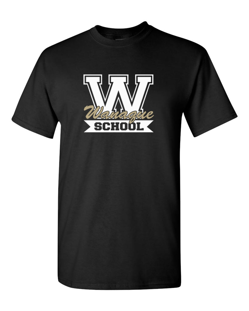 wanaque school heavy cotton black short sleeve tee w/ wanaque school "w" logo on front.