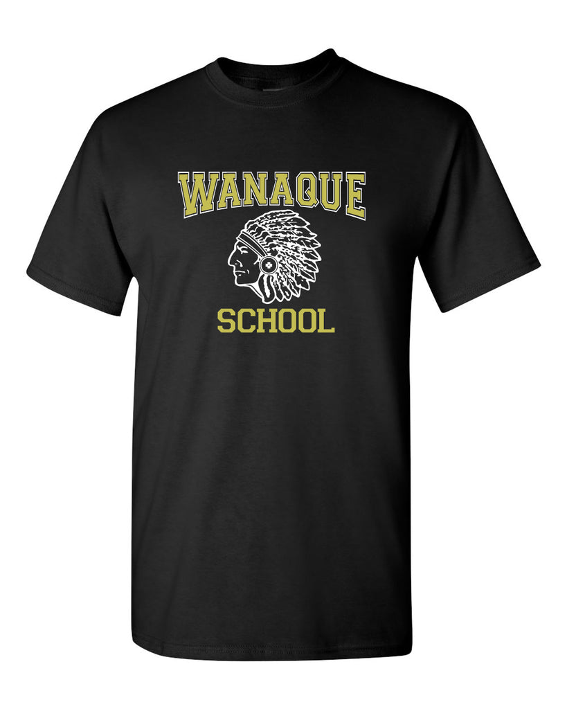 wanaque school heavy cotton black short sleeve tee w/ wanaque school indian logo on front.