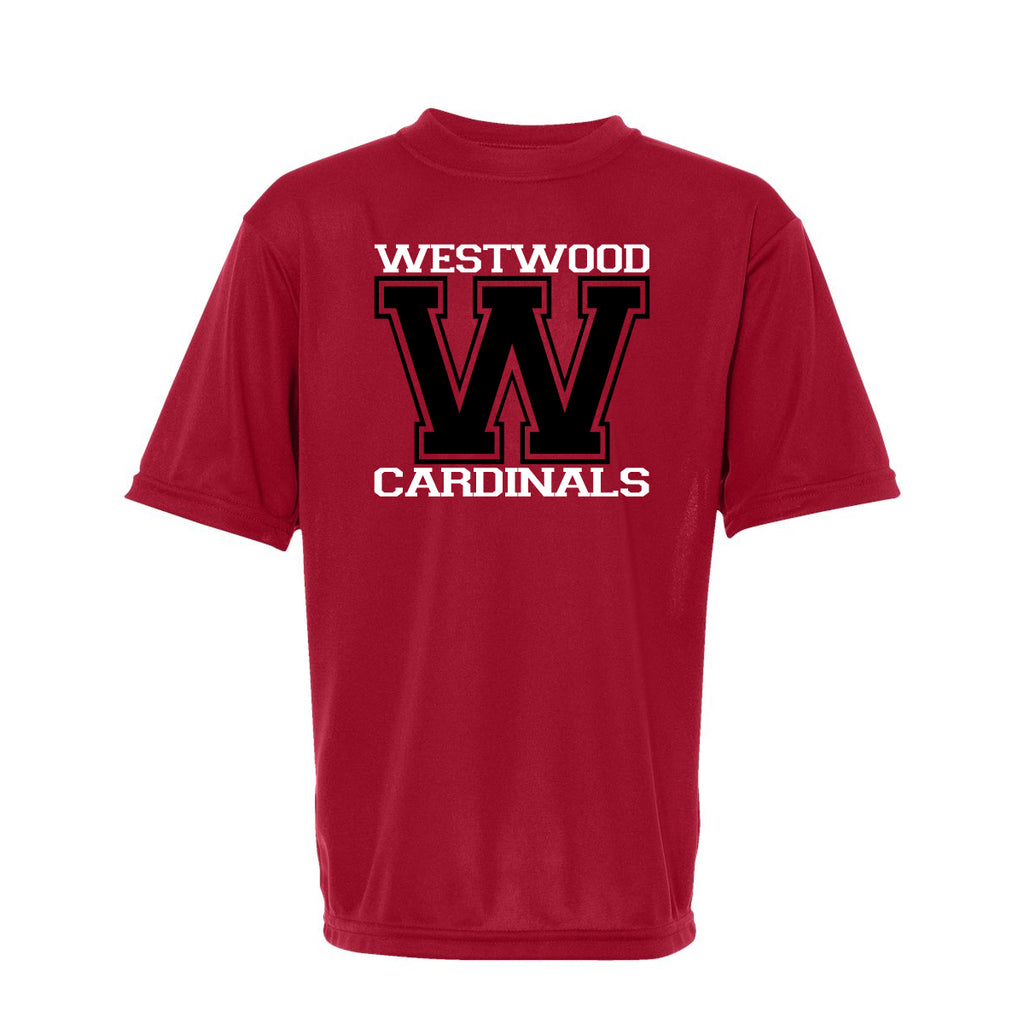 westwood cardinals red short sleeve performace tee w/ cardinals "w" design