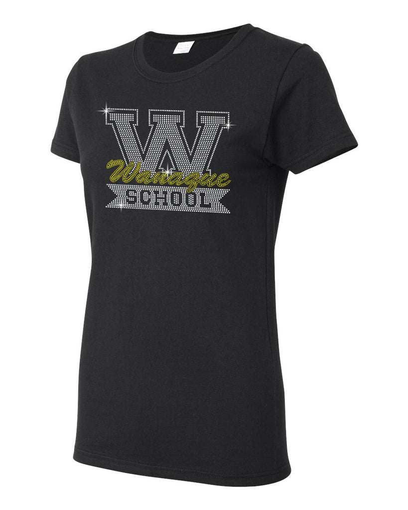 wanaque  black heavy cotton shirt w/ wanaque school "w" logo in spangle on front.