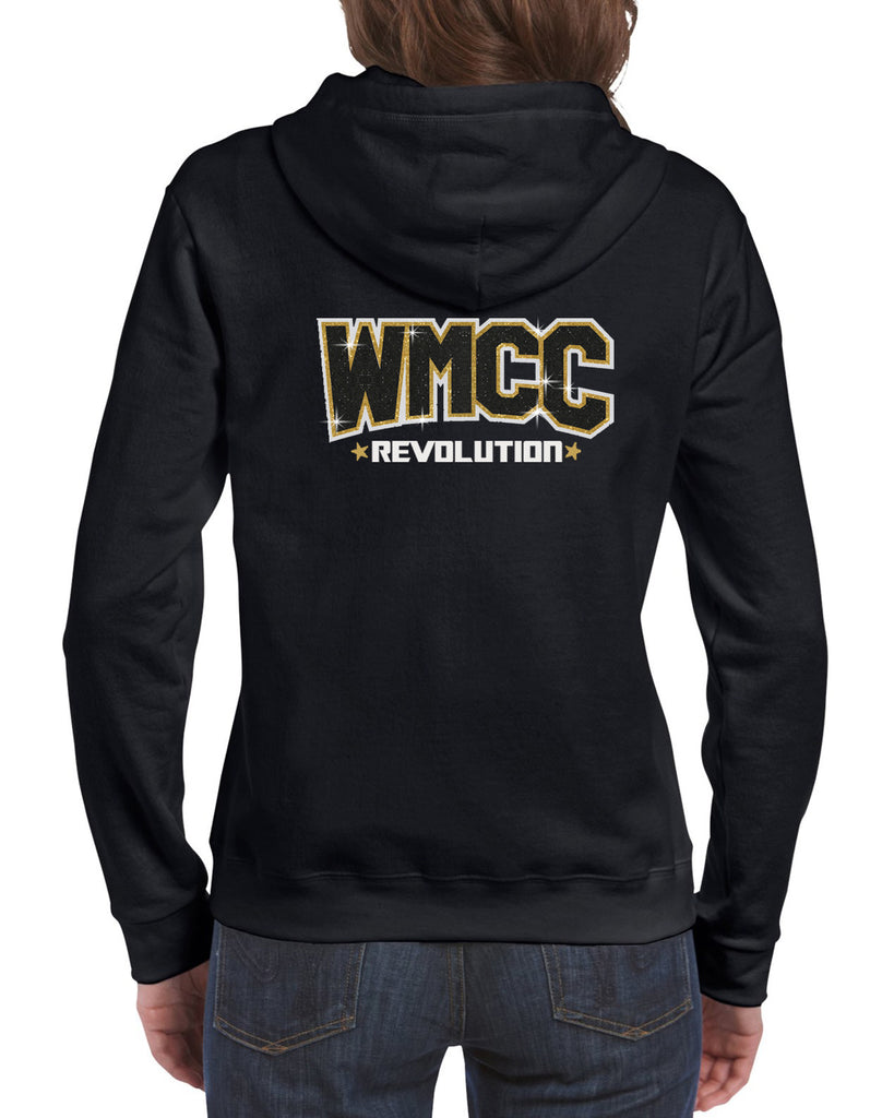 wmcc black full zip hoodie w/ wmcc logo in 3 color print (glitter) on back.