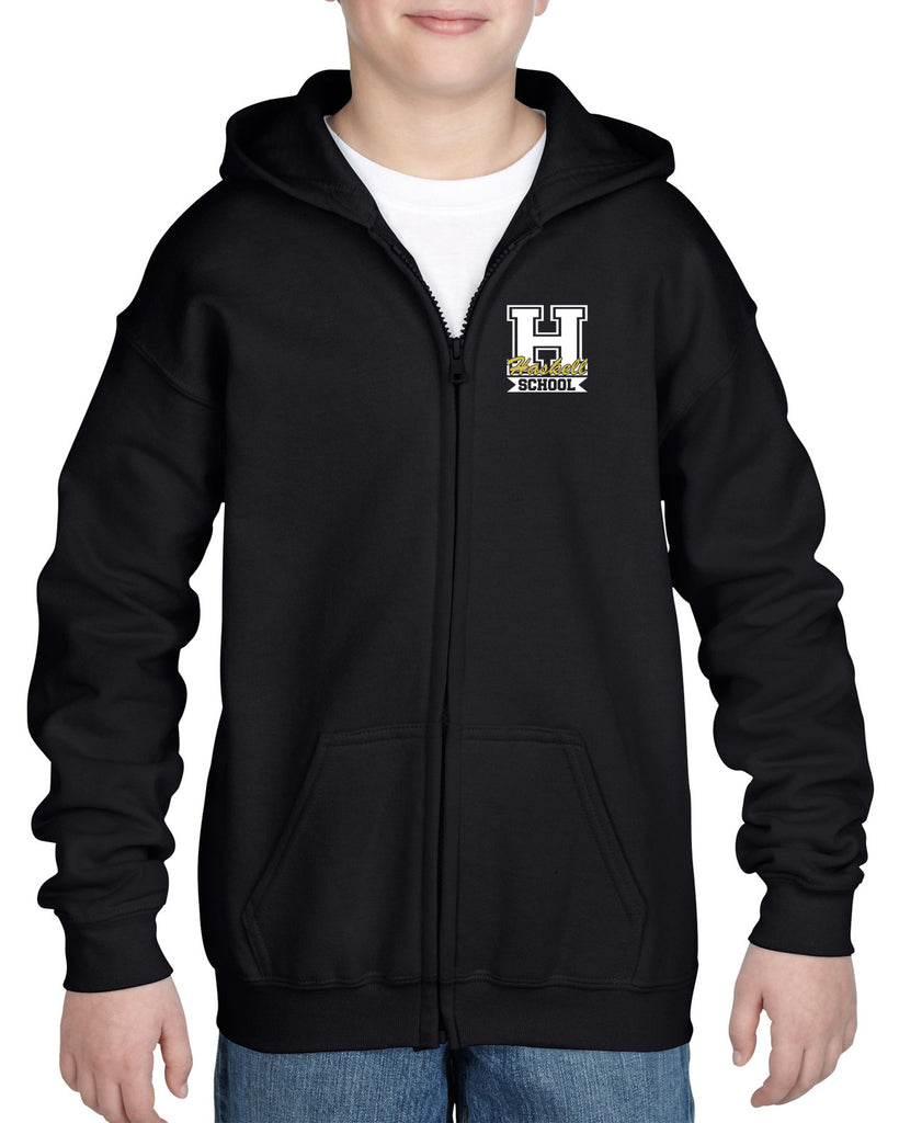 haskell school black heavy blend full zip hoodie w/ small left chest haskell school "h" logo on front.