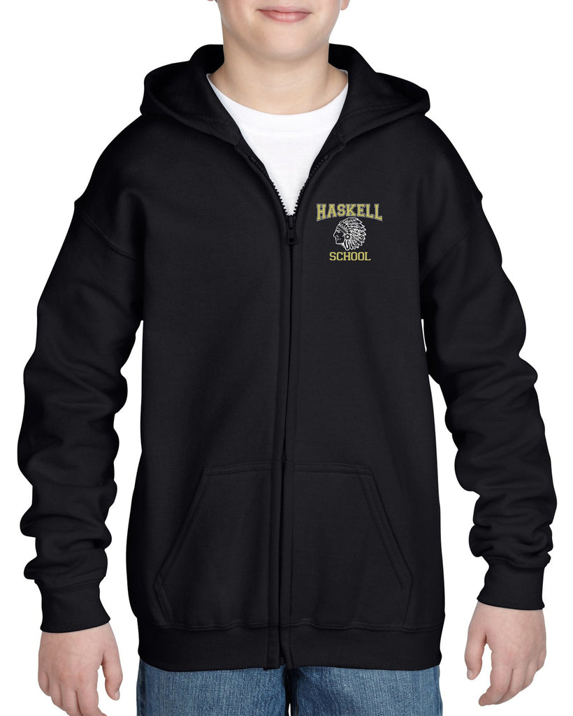 haskell school black heavy blend full zip hoodie w/ small left chest haskell school "indian" logo on front.