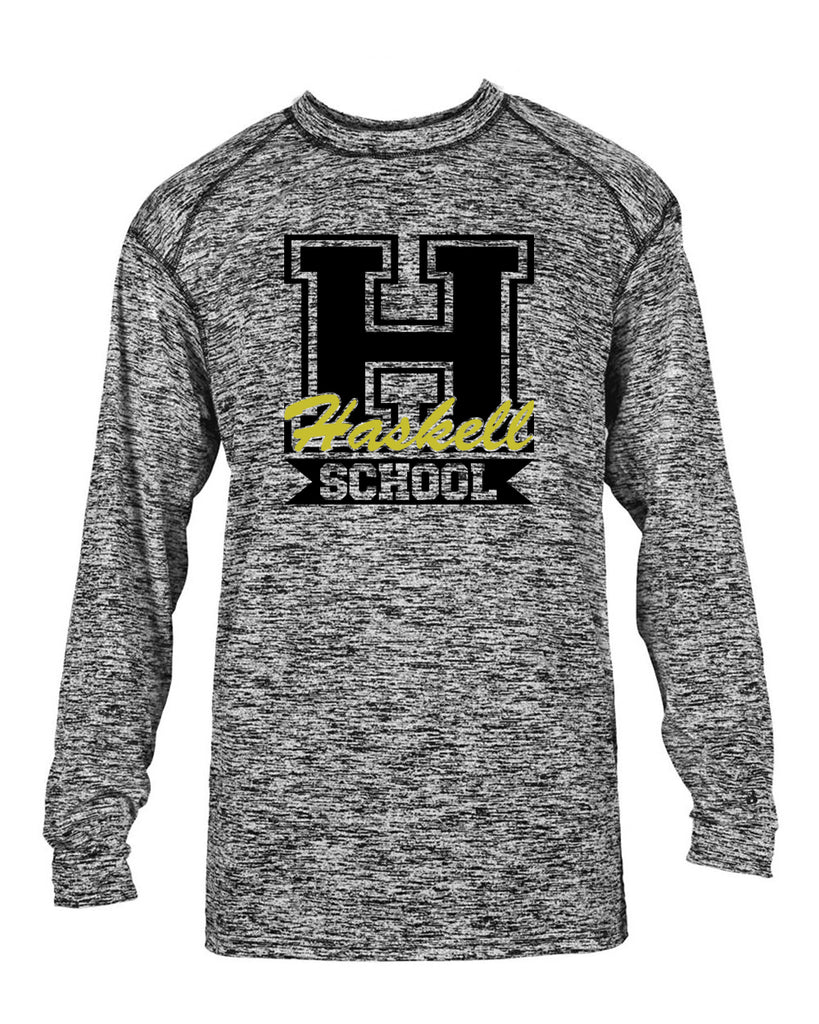haskell school black blend long sleeve t-shirt w/ haskell school "h" logo on front.