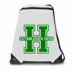 hopatcong white zippered drawstring backpack w/ hopatcong "h" logo on front.