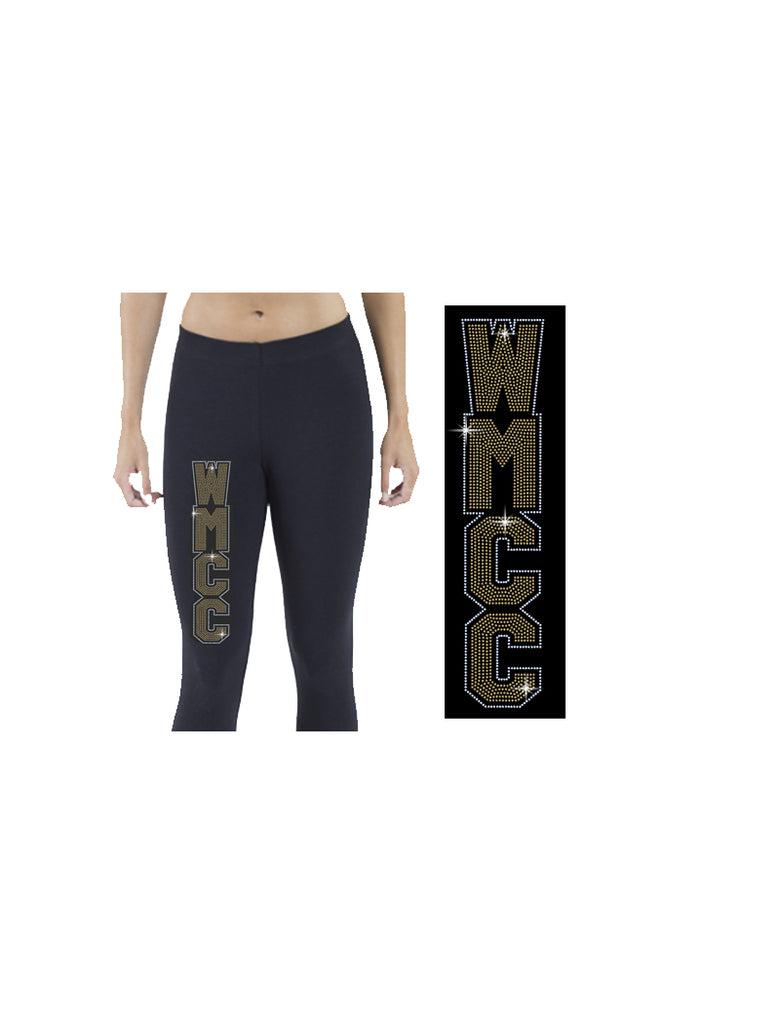 wmcc black legging pants w/ gold & silver spangle logo down leg.