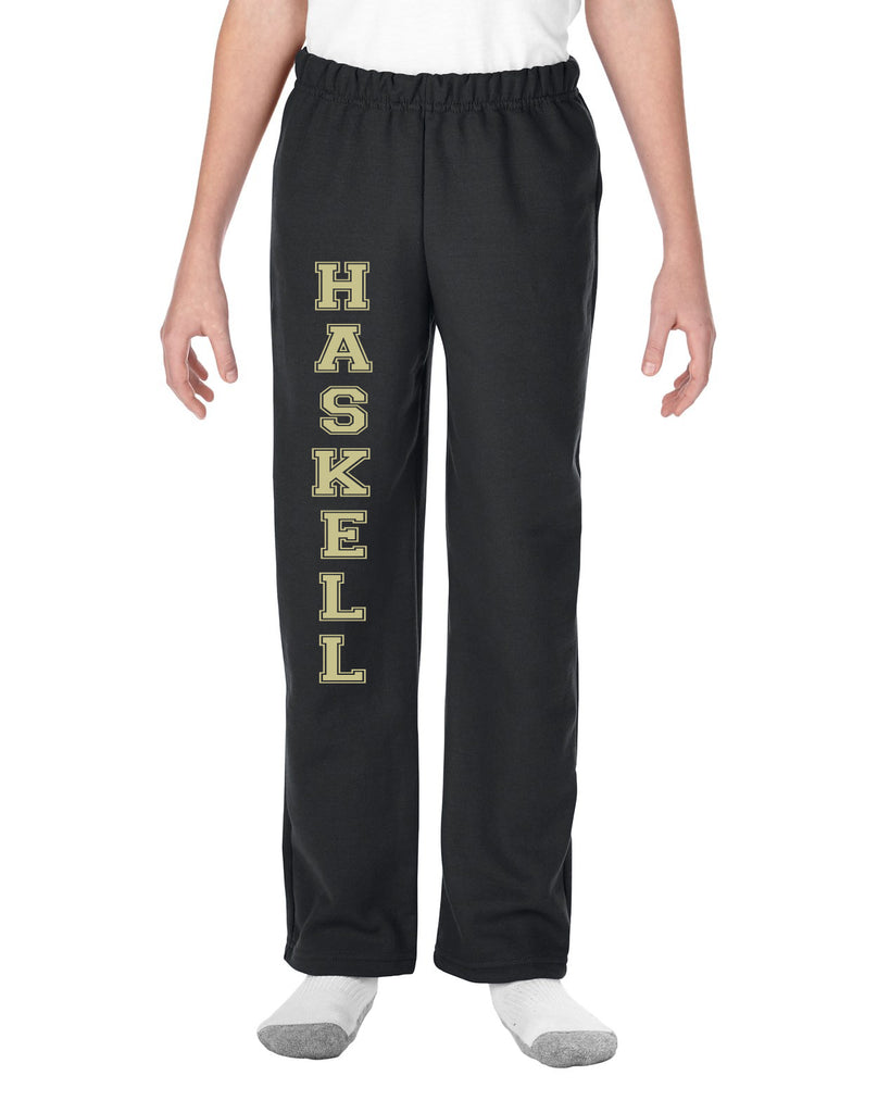 haskell school open bottom sweat pants w/ haskell school "text" logo down leg.