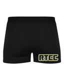 rtcc black pro-compression shorts - 2629 w/ gold & white print logo on front leg.