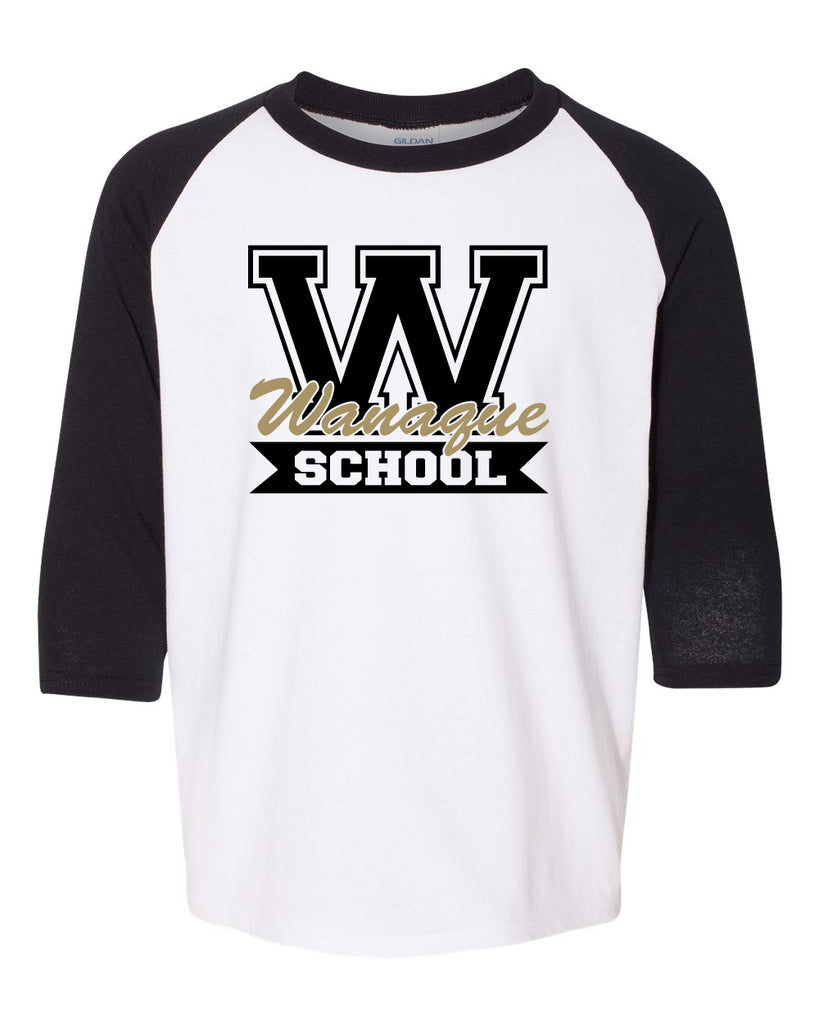 wanaque school three-quarter raglan sleeve baseball t-shirt w/ wanaque school "w" logo on front.