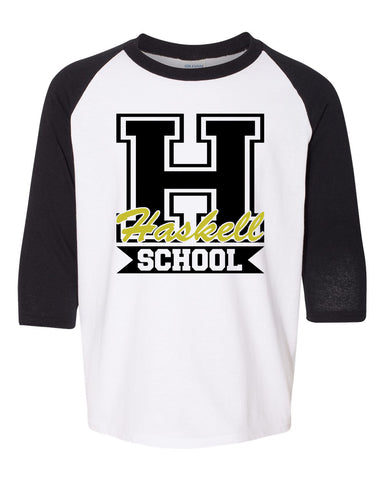 HASKELL School Heavy Cotton White Long Sleeve Tee w/ Large HASKELL School "H" Logo on Front.