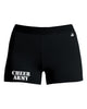 cheer army black pro compression shorts w/ cheer army stencil design on right leg.