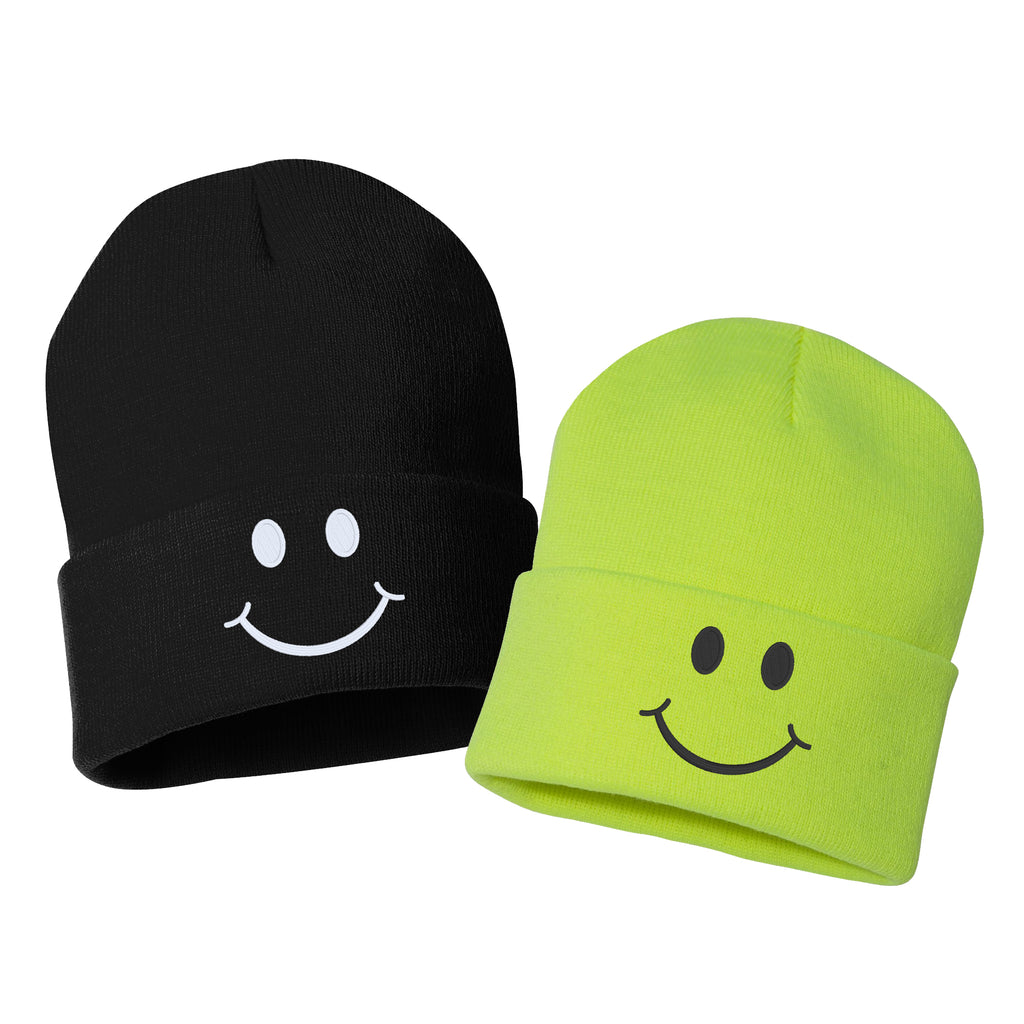 smile face embroidered cuffed beanie hat