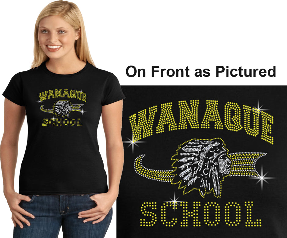 wanaque  black short sleeve tee w/ wanaque school "old style" logo in spangle on front. style #2