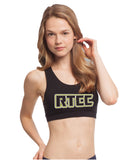 rtcc black sports bra w/ 2 color logo on front.