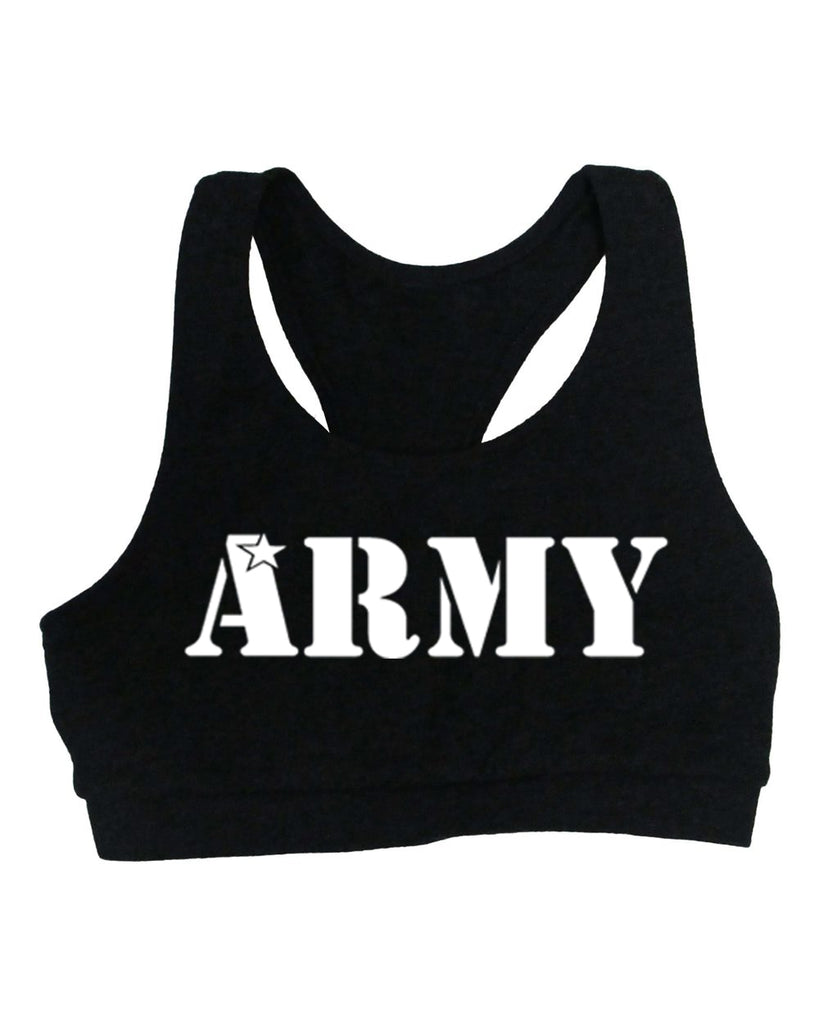 Cheer Army Black Sports Bra w/ White ARMY Logo on Front