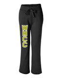 wmcc black ladies sweat pants w/ gold & white glitter print logo down leg.