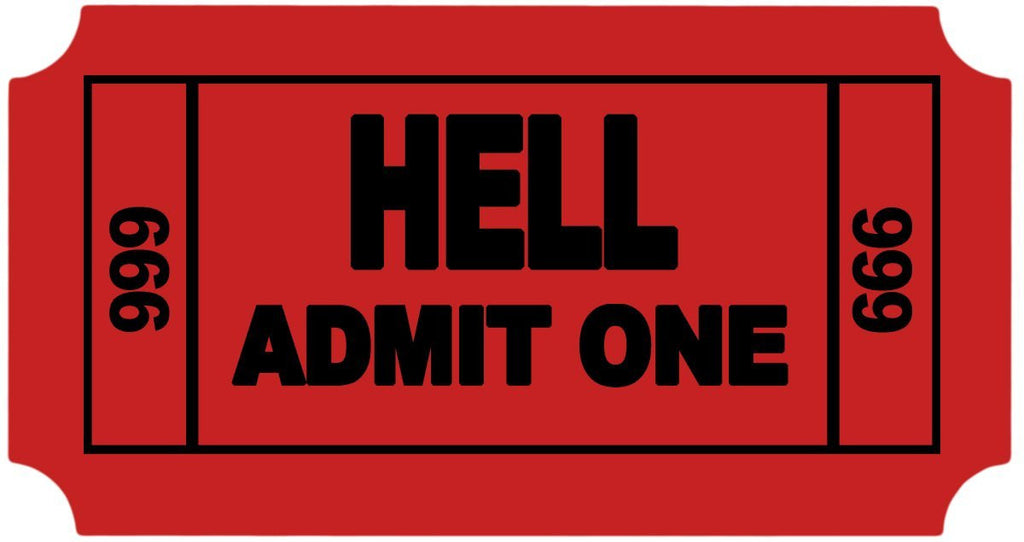 ticket to hell admit one 3.5" x 2" hard hat-helmet full color printed decal