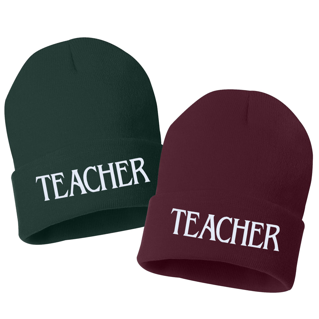 teacher embroidered cuffed beanie hat