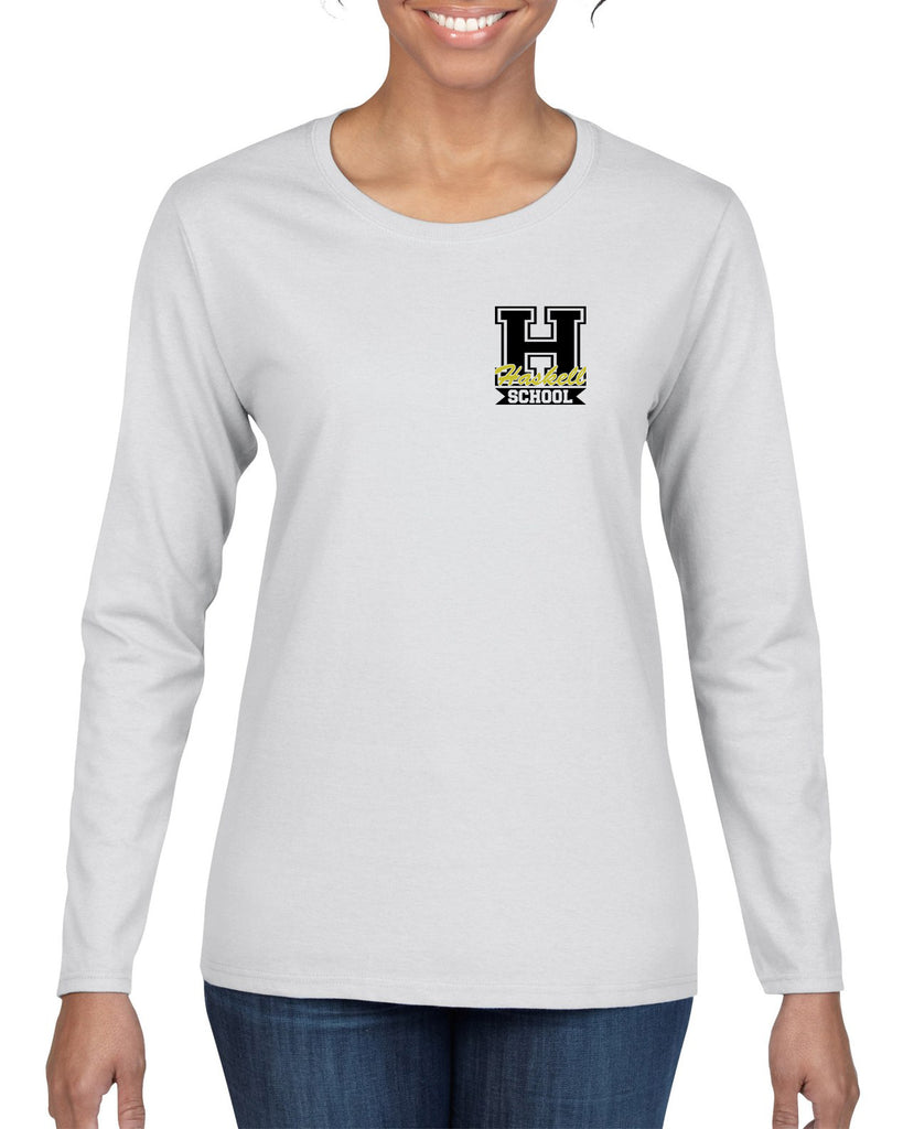 haskell school heavy cotton white long sleeve tee w/ small haskell school "h" logo on front left chest.
